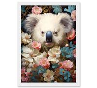 Wall Art Print Elegant White Koala Bear Nestled in White Blue and Pink Blooming Flowers Floral Oil Painting Artwork Framed A4 Artery8 White A4