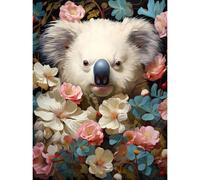 Artery8 Wall Art Print Elegant White Koala Bear Nestled in White Blue & Pink Blooming Flowers Floral Oil Painting Poster | Size: W12" x H16" Artery8 Multicolor W12" x H16"