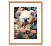 Artery8 Wall Art Print Elegant White Koala Bear Nestled in White Blue & Pink Blooming Flowers Floral Oil Painting Artwork Framed 9X7 Inch Artery8 Beige W7" x H9"