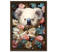 Wall Art Print Elegant White Koala Bear Nestled in White Blue and Pink Blooming Flowers Floral Oil Painting Artwork Framed A4 Artery8 Brown A4