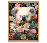 Artery8 Wall Art Print Elegant White Koala Bear Nestled in White Blue & Pink Blooming Flowers Floral Oil Painting Art Framed | Size: W12" x H16" Artery8 Light Oak W12" x H16"