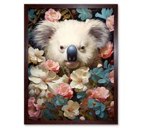 Artery8 Wall Art Print Elegant White Koala Bear Nestled in White Blue & Pink Blooming Flowers Floral Oil Painting Art Framed | Size: W12" x H16" Artery8 Brown W12" x H16"