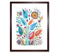 Artery8 Wall Art Print Embroidery Style Flowers Folk Art Watercolour Painting Artwork Framed 9X7 Inch in Brown | Size: W7" x H9" Artery8 Brown W7" x H9"