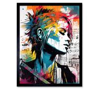 Artery8 Wall Art Print Emo Woman Electric Guitar Sheet Music Upcycle Art Splatter Paint Modern Painting Art Framed in Black | Size: W12" x H16" Artery8 Black W12" x H16"