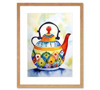 Artery8 Wall Art Print Enamelled Patterned Teapot Tea Kettle Folk Art Watercolour Painting Artwork Framed 9X7 Inch in Beige | Size: W7" x H9" Artery8 Beige W7" x H9"