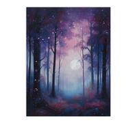 Artery8 Wall Art Print Enchanted Forest In Soft Moonlight Oil Painting Full Moon Fantasy Landscape w/ Fireflies Colourful Magical Nature Mystical Artery8 Purple W12" x H16"