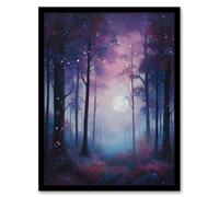Artery8 Enchanted Forest In Soft Moonlight Oil Painting Full Moon Fantasy Landscape With Fireflies Colourful Magical Nature Mystical Modern Artwork Framed Wall Art Print A4
