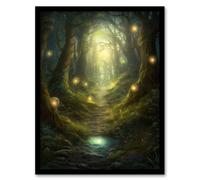 Artery8 Enchanted Forest Path Oil Painting Fantasy Landscape Fairy Land Lanterns Moss Covered Trees Colourful Magical Nature Mystical Modern Artwork Framed Wall Art Print A4
