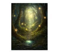 Artery8 Wall Art Print Enchanted Forest Path Oil Painting Fantasy Landscape Fairy Land Lanterns Moss Covered Trees Colourful Magical Nature Mystical Artery8 Green W18" x H24"