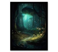 Wall Art Print Enchanted Forest With Bioluminescent Mushrooms Oil Painting Stream In Moonlit Fantasy Landscape Colourful Magical Nature Mystical Moder Artery8 Blue A4