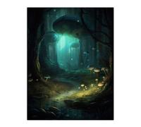 Wall Art Print Enchanted Forest With Bioluminescent Mushrooms Oil Painting Stream In Moonlit Fantasy Landscape Colourful Magical Nature Mystical Moder Artery8 Blue W24 inch x H32 inch