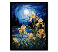 Artery8 Wall Art Print Enchanting Iris Flowers Blooming Fantasy Full Moon Framed in Blue | Size: A4 Artery8 Blue A4