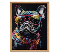 Artery8 Wall Art Print English Bulldog Wearing Sunglasses & Bandana Art Framed in Light Oak | Size: W12" x H16" Artery8 Light Oak W12" x H16"