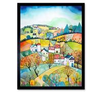 Artery8 Wall Art Print English Country Rural Landscape Folk Art Watercolour Painting Art Framed in Black | Size: W12" x H16" Artery8 Black W12" x H16"