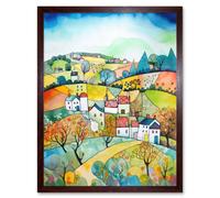 Artery8 Wall Art Print English Country Rural Landscape Folk Art Watercolour Painting Art Framed in Brown | Size: W12" x H16" Artery8 Brown W12" x H16"