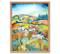 Artery8 Wall Art Print English Country Rural Landscape Folk Art Watercolour Painting Art Framed in Light Oak | Size: W12" x H16" Artery8 Light Oak W12" x H16"