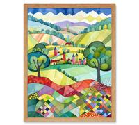 Artery8 Wall Art Print English Countryside Rural Landscape Folk Art Watercolour Painting Art Framed in Light Oak | Size: W12" x H16" Artery8 Light Oak W12" x H16"