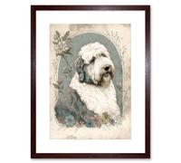 Artery8 Wall Art Print English Sheepdog with Flower Blooms Boho Portrait Watercolour Artwork Framed 9X7 Inch in Brown | Size: W7" x H9" Artery8 Brown W7" x H9"