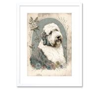 Artery8 Wall Art Print English Sheepdog with Flower Blooms Boho Portrait Watercolour Artwork Framed 9X7 Inch in White | Size: W7" x H9" Artery8 White W7" x H9"