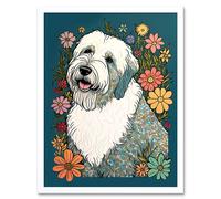 Artery8 Wall Art Print English Sheepdog with Multicolour Daisies Bright Flowers Modern Art Framed in White | Size: W12" x H16" Artery8 White W12" x H16"