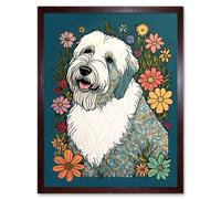 Artery8 Wall Art Print English Sheepdog with Multicolour Daisies Bright Flowers Modern Art Framed in Brown | Size: W12" x H16" Artery8 Brown W12" x H16"