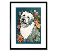 Artery8 Wall Art Print English Sheepdog With Multicolour Daisies Bright Flowers Modern Artwork Framed 9X7 Inch