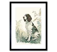 Artery8 Wall Art Print English Springer Spaniel Dog in Field Modern Pastel Watercolour Artwork Framed 9X7 Inch in Black | Size: W7" x H9" Artery8 Black W7" x H9"