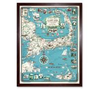 Artery8 Wall Art Print Ernest Chase 1949 Bright Pictorial Map Cape Cod Nantucket Massachusetts Art Framed in Brown | Size: W12" x H16" Artery8 Brown W12" x H16"