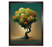 Artery8 Wall Art Print Ethereal Bonsai Lone Tree Green Orange Art Framed in Brown | Size: W12" x H16" Artery8 Brown W12" x H16"