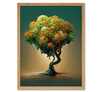 Artery8 Wall Art Print Ethereal Bonsai Lone Tree Green Orange Art Framed in Light Oak | Size: W12" x H16" Artery8 Light Oak W12" x H16"