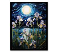 Artery8 Wall Art Print Ethereal Iris Flower Blooms Fantasy Lake Full Moon Framed in Blue | Size: W12" x H16" Artery8 Blue W12" x H16"