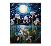 Wall Art Print Ethereal Iris Flower Blooms Fantasy Lake Full Moon Poster Picture Artery8 Blue W18 inch x H24 inch