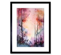 Artery8 Wall Art Print Ethereal Misty Autumn Forest Landscape at Dawn Modern Watercolour Painting Artwork Framed 9X7 Inch in Black | Size: W7" x H9" Artery8 Black W7" x H9"