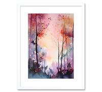 Artery8 Wall Art Print Ethereal Misty Autumn Forest Landscape at Dawn Modern Watercolour Painting Artwork Framed 9X7 Inch in White | Size: W7" x H9" Artery8 White W7" x H9"