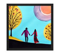 Artery8 Wall Art Print Evening Walk In Autumn Fall Couple In Love Holding Hands. Square Framed Picture 16X16 Inch in Black | Size: W16" x H16" Artery8 Black W16" x H16"