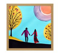 Artery8 Wall Art Print Evening Walk In Autumn Fall Couple In Love Holding Hands. Square Framed Picture 16X16 Inch in Light Oak | Size: W16" x H16" Artery8 Light Oak W16" x H16"