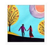 Artery8 Wall Art Print Evening Walk In Autumn Fall Couple In Love Holding Hands. Square Framed Picture 16X16 Inch in White | Size: W16" x H16" Artery8 White W16" x H16"