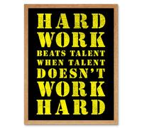 Artery8 Wall Art Print Exercise Motivation Hard Work Beats Talent Inspirational Gym Art Framed in Light Oak | Size: W12" x H16" Artery8 Light Oak W12" x H16"