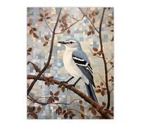 Artery8 Wall Art Print Fall Mosaic Mockingbird on Autumn Tree Branch Poster Picture in Brown | Size: W12" x H16" Artery8 Brown W12" x H16"