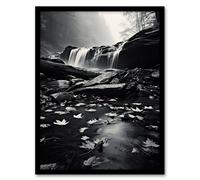 Artery8 Wall Art Print Fallen Autumn Leaves in Waterfall Black & White Framed in Grey | Size: W12" x H16" Artery8 Grey W12" x H16"