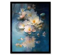 Artery8 Wall Art Print Fallen Cherry Blossom Flower Water Ripples Modern Watercolour Painting Art Framed in Black | Size: W12" x H16" Artery8 Black W12" x H16"