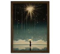 Wall Art Print Falling Star Rain Dreamy Artwork Bright Star Wish Woman with Umbrella Fairytale Dreamscape Artwork Framed A4 Artery8 Brown A4