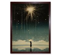 Artery8 Wall Art Print Falling Star Rain Dreamy Artwork Bright Star Wish Woman with Umbrella Fairytale Dreamscape Art Framed | Size: W12" x H16" Artery8 Brown W12" x H16"