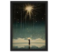 Wall Art Print Falling Star Rain Dreamy Artwork Bright Star Wish Woman with Umbrella Fairytale Dreamscape Artwork Framed A4 Artery8 Black A4