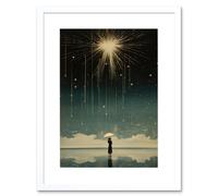 Artery8 Wall Art Print Falling Star Rain Dreamy Artwork Bright Star Wish Woman with Umbrella Fairytale Dreamscape Artwork Framed 9X7 Inch Artery8 White W7" x H9"