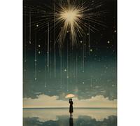Artery8 Wall Art Print Falling Star Rain Dreamy Artwork Bright Star Wish Woman with Umbrella Fairytale Dreamscape Poster in Black | Size: W24" x H32" Artery8 Black W24" x H32"
