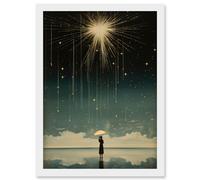 Wall Art Print Falling Star Rain Dreamy Artwork Bright Star Wish Woman with Umbrella Fairytale Dreamscape Artwork Framed A4 Artery8 White A4