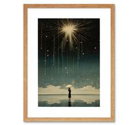 Artery8 Wall Art Print Falling Star Rain Dreamy Artwork Bright Star Wish Woman with Umbrella Fairytale Dreamscape Artwork Framed 9X7 Inch Artery8 Beige W7" x H9"