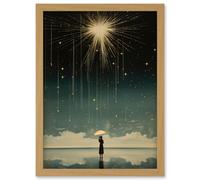 Wall Art Print Falling Star Rain Dreamy Artwork Bright Star Wish Woman with Umbrella Fairytale Dreamscape Artwork Framed A4 Artery8 Light Oak A4