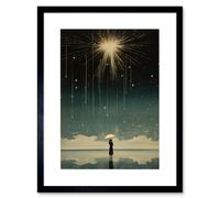 Artery8 Wall Art Print Falling Star Rain Dreamy Artwork Bright Star Wish Woman with Umbrella Fairytale Dreamscape Artwork Framed 9X7 Inch Artery8 Black W7" x H9"